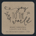 Adesivo Quadrado Rustic Country Christmas Kraft Personalizado<br><div class="desc">Rustic Country Christmas Kraft Personalizou Sticker. Sticker apresenta um fundo Kraft rústico,  tipografia escrita à mão que diz "Alegria ao Mundo". A etiqueta personalizada diz "Feliz Natal e Feliz ano novo",  mas você pode editá-la para o que quiser. A etiqueta é personalizada com seu nome de família e ano.</div>