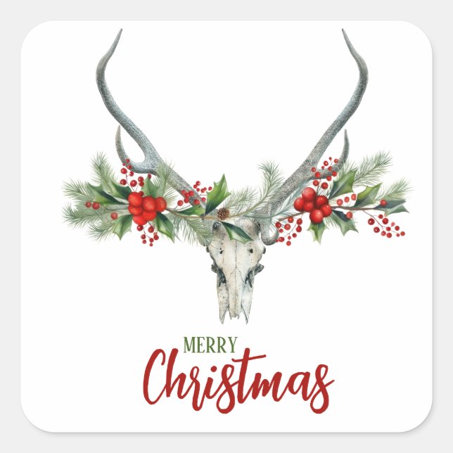 Adesivo Quadrado Rustic Country Reindeer Skull & Garland Natal (Frente)
