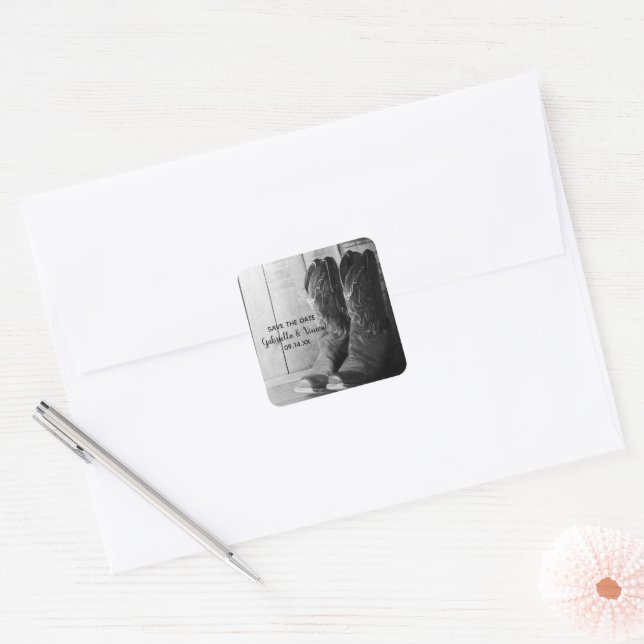 Adesivo Quadrado Rustic Cowboy Boots Western Weding Date (Envelope)