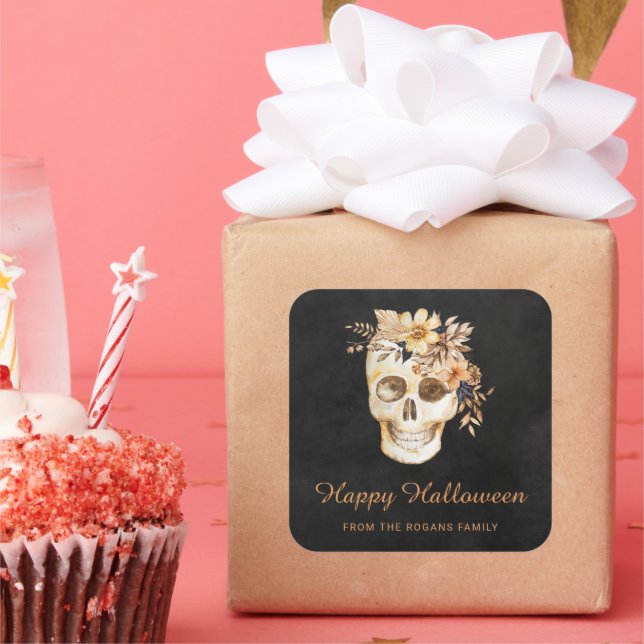 Adesivo Quadrado Rustic Floral Skull Halloween (Festa)