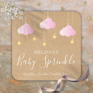 Adesivo Quadrado Rustic Kraft Brilho Sprinkle Chás de Bebê Rosa