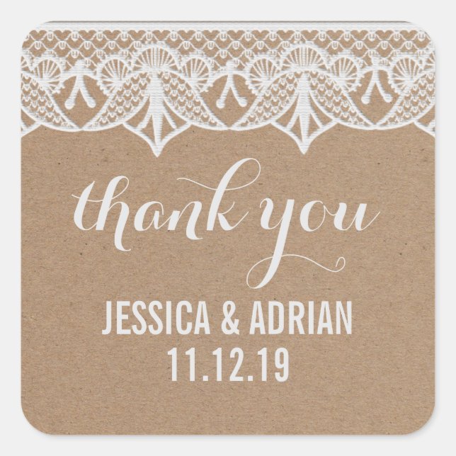 Adesivo Quadrado Rustic Kraft Paper White Lace Weding Favor (Frente)