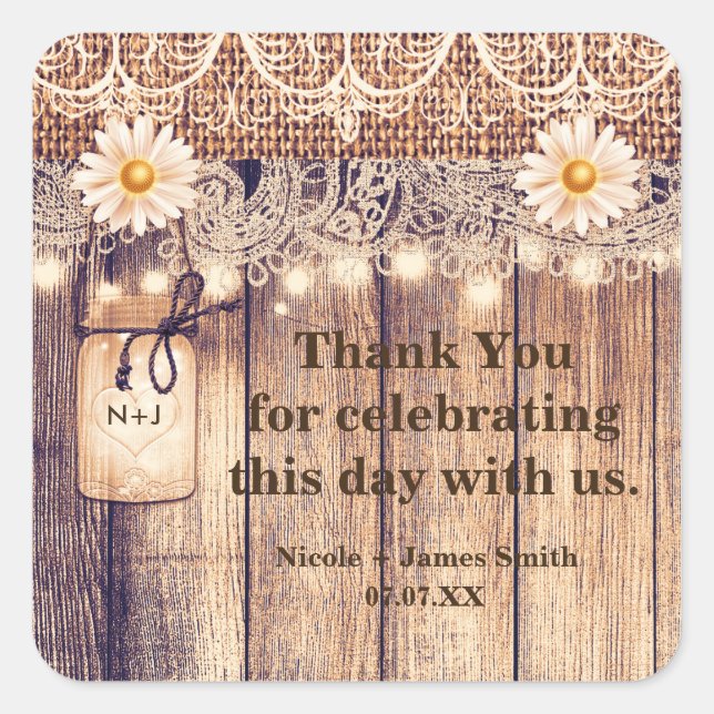 Adesivo Quadrado Rustic Lighted Mason Jars Daisies & Lace Weding (Frente)