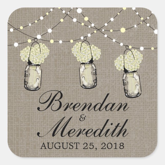 Adesivo Quadrado Rustic Mason Jar String de Luzes (Frente)