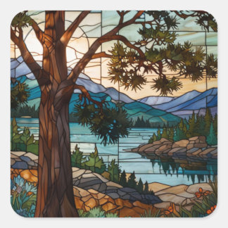 Adesivo Quadrado Rustic mountain range landscape stain glass 
