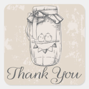 Adesivo Quadrado Rustic Obrigado Mason Jar Hearts Tan Wedding