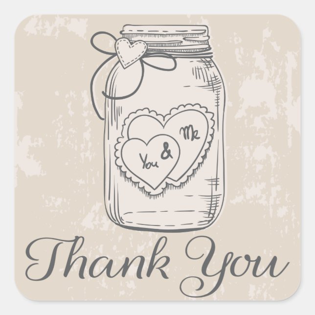 Adesivo Quadrado Rustic Obrigado Mason Jar Hearts Tan Wedding (Frente)