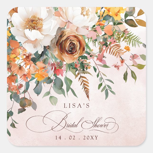Adesivo Quadrado Rustic Orange Floral Fall Bridal Shower  (Frente)