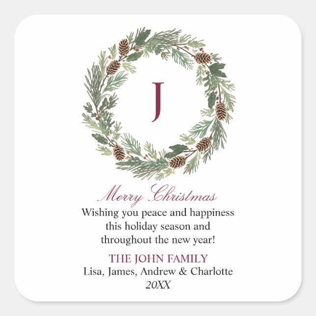 Adesivo Quadrado Rustic Pine Wreath Christmas (Frente)