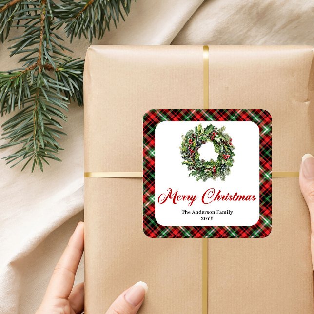 Adesivo Quadrado Rustic Pine Wreath Christmas Stickers Personalized (Rustic Pine Wreath Christmas Stickers Personalized)