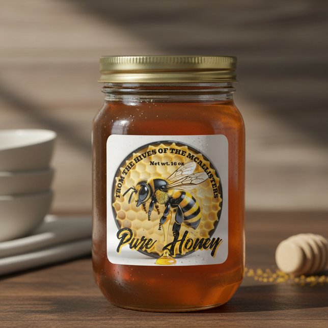 Adesivo Quadrado Rustic Realistic Honey Bee & Honeycomb Apiary Jar (Criador carregado)