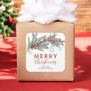 Adesivo Quadrado Rustic Red Berry Evergreen Branch Feliz Natal