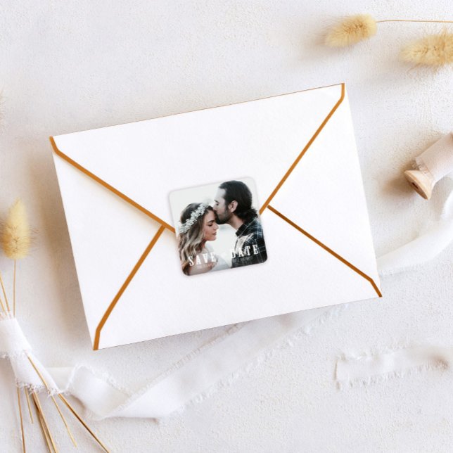 Adesivo Quadrado Rustic Salve a Data Foto de Favor de Casamento (Criador carregado)