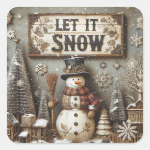 Adesivo Quadrado Rustic Snowman "Let It Snow"