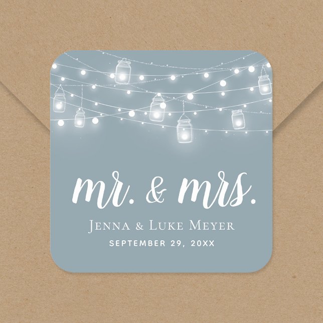 Adesivo Quadrado Rustic String Luz Sr. e Sra. Wedding Monograma (Criador carregado)