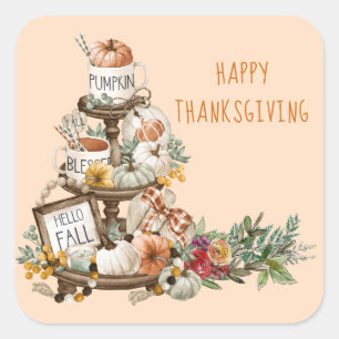 Adesivo Quadrado Rustic Thankanding Watercolor Pumpkins Outono
