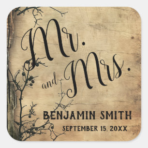 Adesivo Quadrado Rustic Tree Branch Vintage Brown Wedding Favor