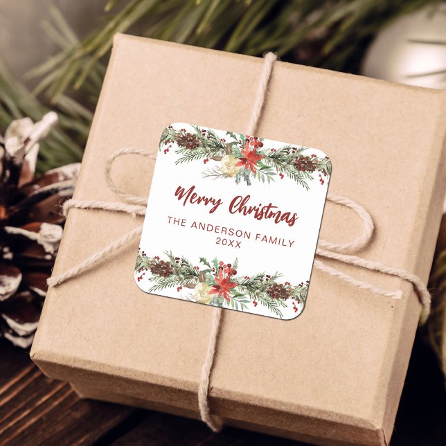 Adesivo Quadrado Rustic Watercolor Botanical Merry Christmas (Criador carregado)