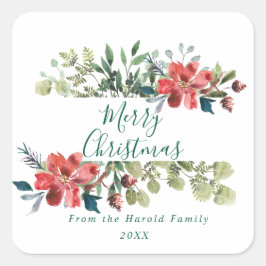 Adesivo Quadrado Rustic Watercolor Winter Greenery com Flores Verme