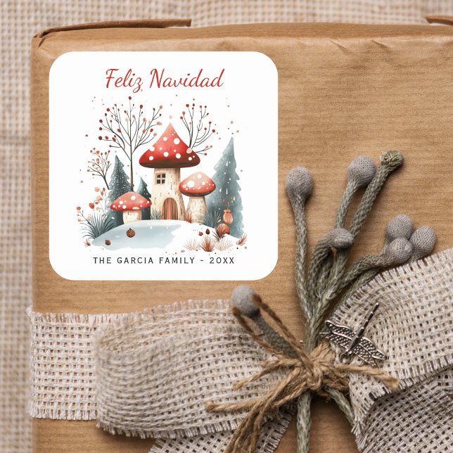 Adesivo Quadrado Rustic Watercolor Winter Woodland Feliz Navidad (Criador carregado)