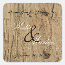 Adesivo Quadrado Rustic Wedding Brown Woodgrain Foto Obrigado