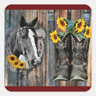 Adesivo Quadrado Rustic Western Horse Cowboy Botas Sunflower