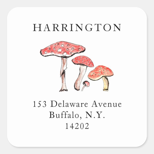 Adesivo Quadrado Rustic Wild Mushroom Elegante Endereço Desenhado À (Frente)