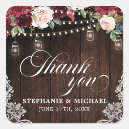 Adesivo Quadrado Rustic Wood Burgundy Floral Mason Jar Wedding