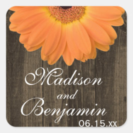 Adesivo Quadrado Rustic Wood Orange Daisy Wedy Favor Stickers
