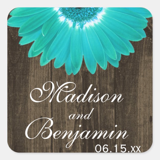 Adesivo Quadrado Rustic Wood Teal Daisy Weding Favor Stickers (Frente)
