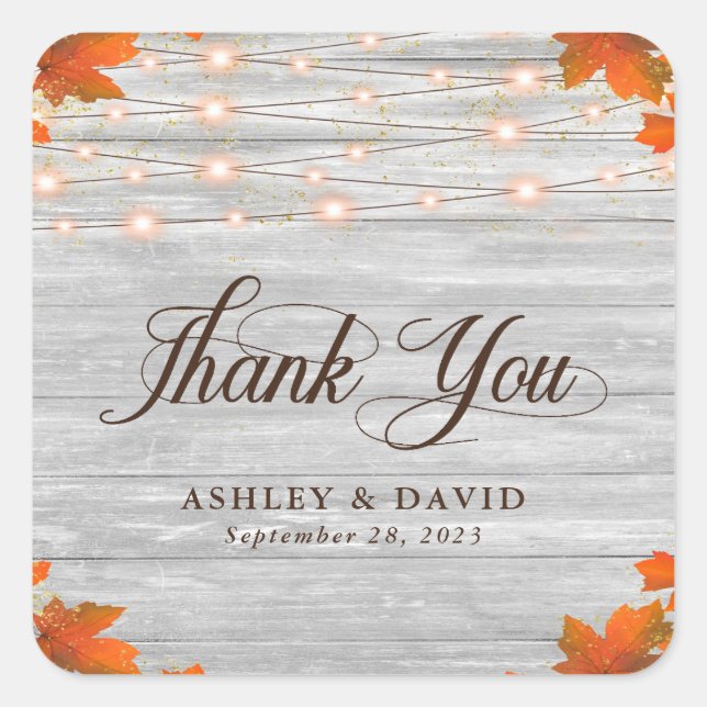 Adesivo Quadrado Rústica Wood Fall Deixa Luzes Obrigado Casamento (Frente)