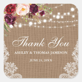 Adesivo Quadrado Rústico Casamento Burlap Lace Floral Obrigado B