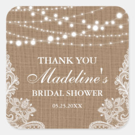 Adesivo Quadrado Rústico Chá de panela Burlap String Lace Obrigado