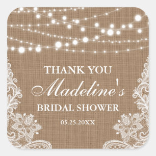 Adesivo Quadrado Rústico Chá de panela Burlap String Lace Obrigado