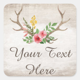 Adesivo Quadrado Rústico Deer Antler Bohemian Floral Watercolor Mad