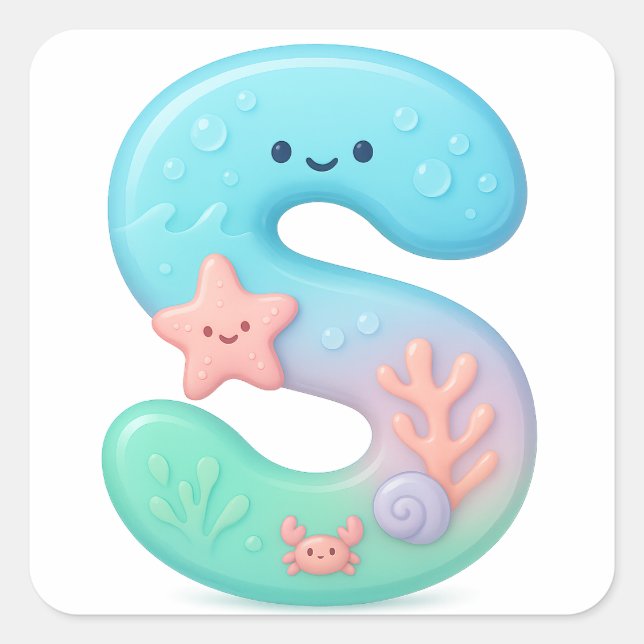 Adesivo Quadrado "S" Cute Letter - Underwater Sea Creature (Frente)