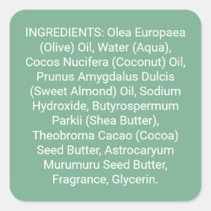 Adesivo Quadrado Sabão Verde ou Rótulo de Produto de Ingredientes d