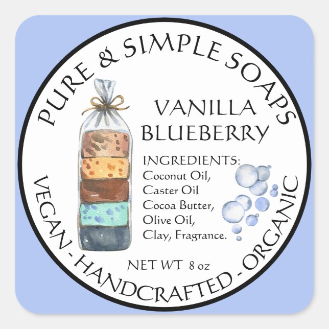 Adesivo Quadrado Sabonete Aquarela Rótulo de Produto Artesanal (Frente)