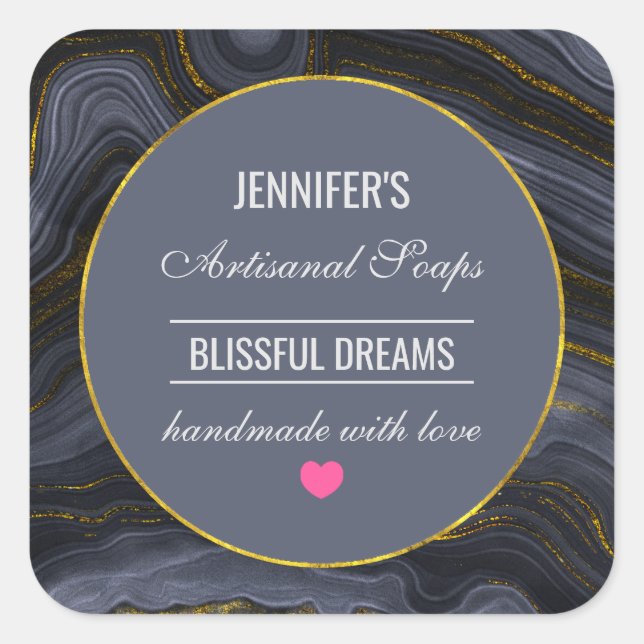 Adesivo Quadrado Sabonete de Abstrato de pedra preto e Dourado (Frente)