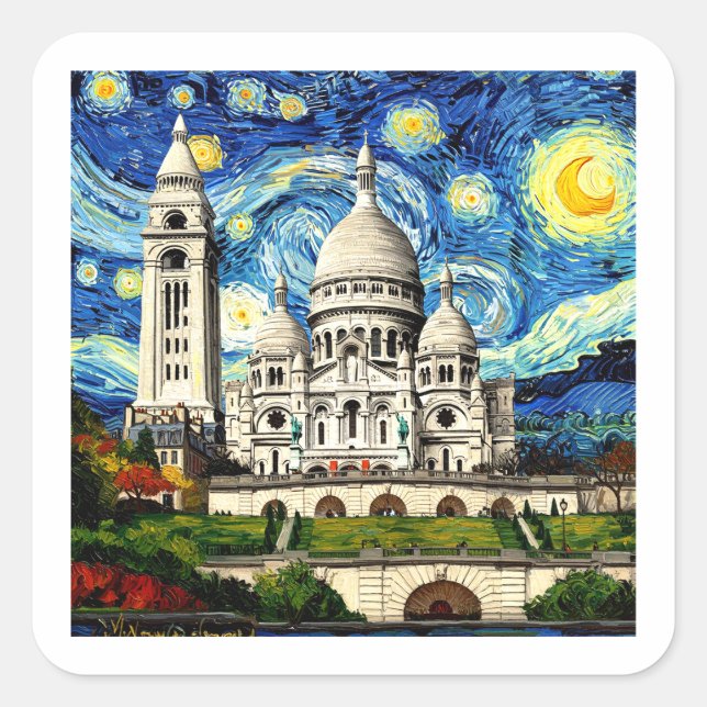 Adesivo Quadrado Sacre-Coeur Paris France Starry Night (Frente)