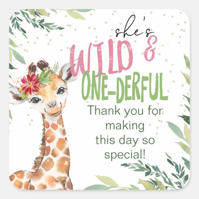 Adesivo Quadrado Safari Pink Giraffe Wild One Party (Frente)