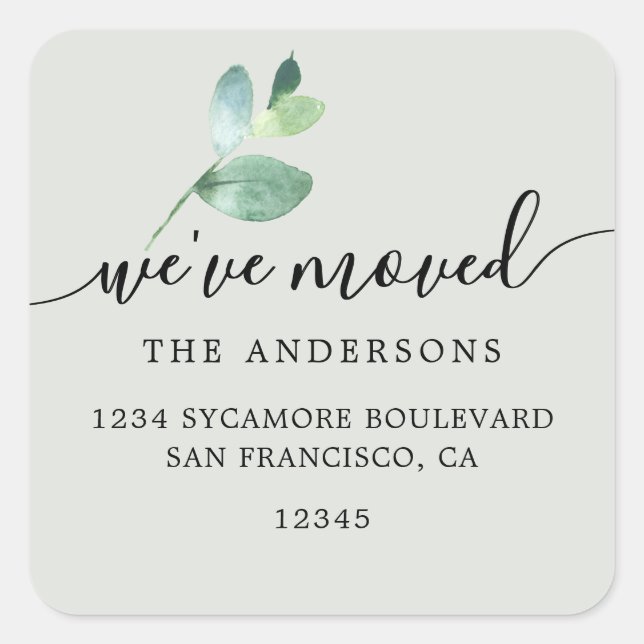 Adesivo Quadrado Sage Eucalyptus We’ve Moved New Address Label (Frente)