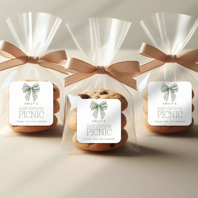 Adesivo Quadrado Sage Gingham Arco Nome Chá de fraldas Obrigado (Criador carregado)