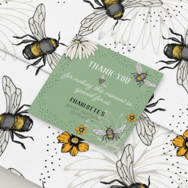 Adesivo Quadrado Sage Green Buzzing Bees Obrigado Chá de fraldas (Elegant hand-drawn happily buzzing bees "Thank You" sticker for adorning just about everything! :)))