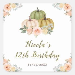 Adesivo Quadrado Sage Green e Peach Floral Pumpkins Aniversário