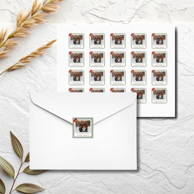 Adesivo Quadrado Sage Green Gingham Plaid Photo Christmas (Green gingham plaid custom square Christmas photo stickers)