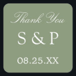 Adesivo Quadrado Sage Green Weding Favor Obrigado Sticker<br><div class="desc">Sage Green Wedding Favor Obrigado Sticker,  personalize com as iniciais do casal e a data do casamento,  usando a modelo de personalização online antes de fazer o pedido. O design simples e atraente impresso no adesivo contém um elegante texto branco em uma adorável cor verde sábio.</div>