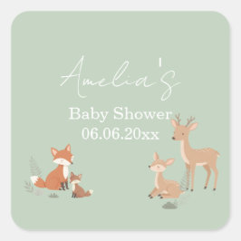 Adesivo Quadrado Sage Green Woodland Animal Baby Shower 