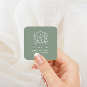 Adesivo Quadrado Sage Verde Antigo Brasão Casamento Obrigado