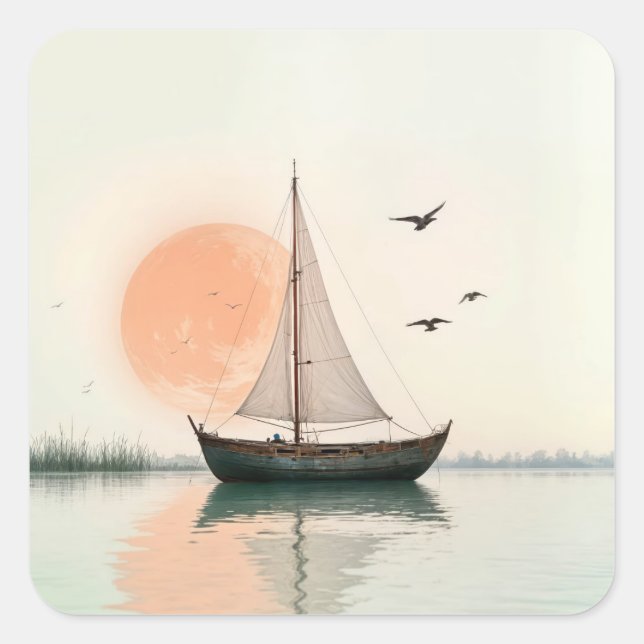Adesivo Quadrado Saiboat Sunset com gaivotas (Frente)